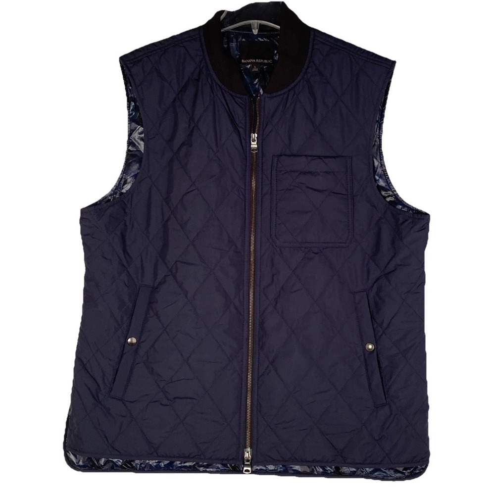 Men's Large Banana Republic Quilted Navy Zip Up‎ Vest With Zippered Pockets.